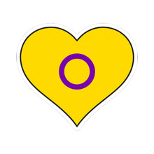Heart-shaped intersex pride flag sticker with a yellow heart and a purple circle centered inside the heart, outlined with a thin black border and a white sticker border. The sticker is shown on a white background.
