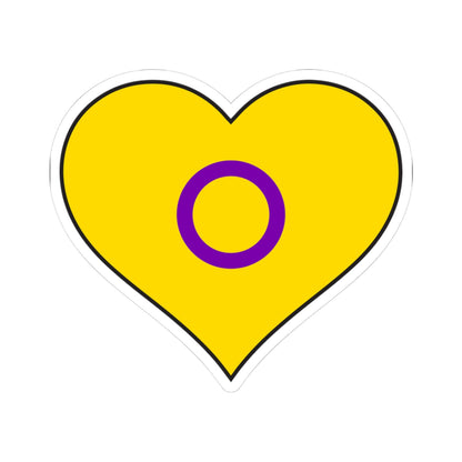 Heart-shaped intersex pride flag sticker with a yellow heart and a purple circle centered inside the heart, outlined with a thin black border and a white sticker border. The sticker is shown on a white background.