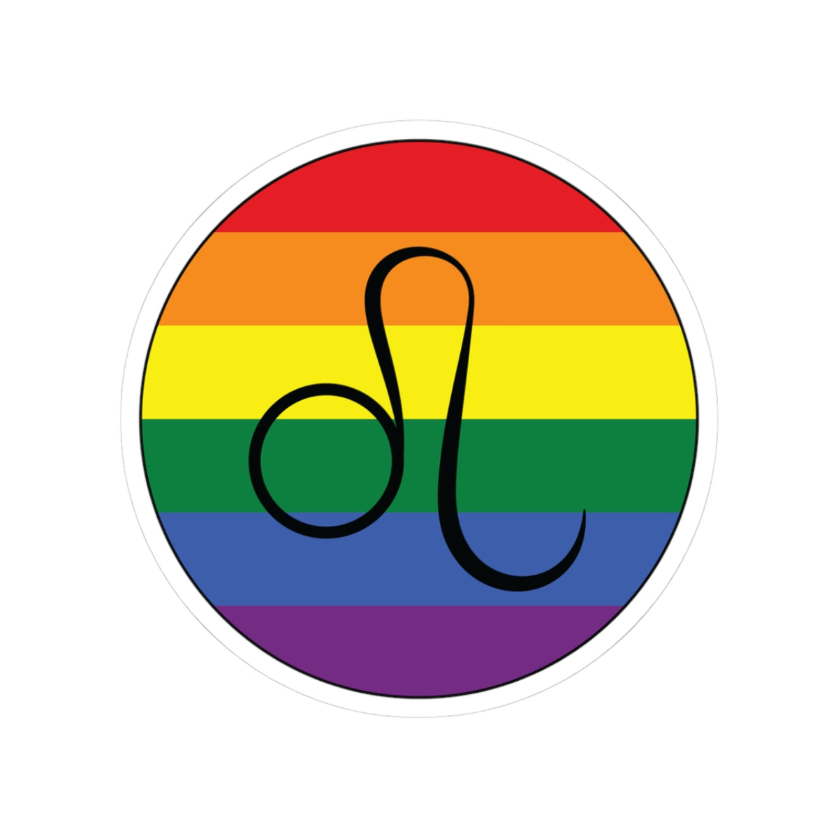 Circular rainbow pride flag zodiac sticker with a thin black outline and white sticker border, featuring a centered black Leo zodiac glyph. The sticker is shown on a white background.