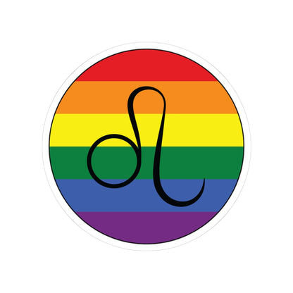 Circular rainbow pride flag zodiac sticker with a thin black outline and white sticker border, featuring a centered black Leo zodiac glyph. The sticker is shown on a white background.