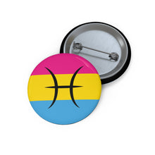 Front and back view of a circular pansexual pride flag button featuring the Pisces zodiac symbol in black centered on the front.