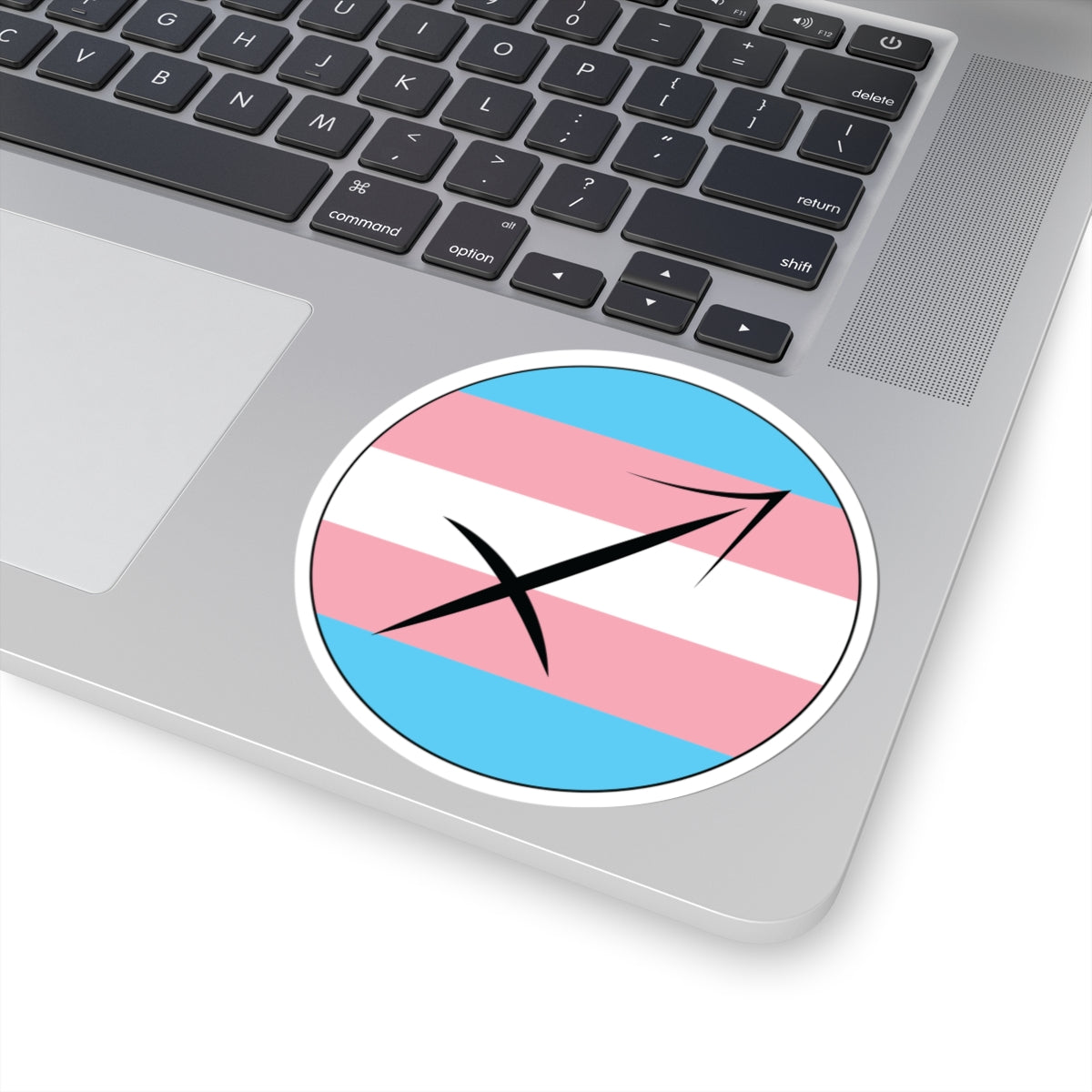 Close-up of the bottom right corner of a silver laptop featuring a 4 inch by 4 inch circular zodiac sticker with a centered Sagittarius glyph on a Transgender pride flag style background applied to the surface.