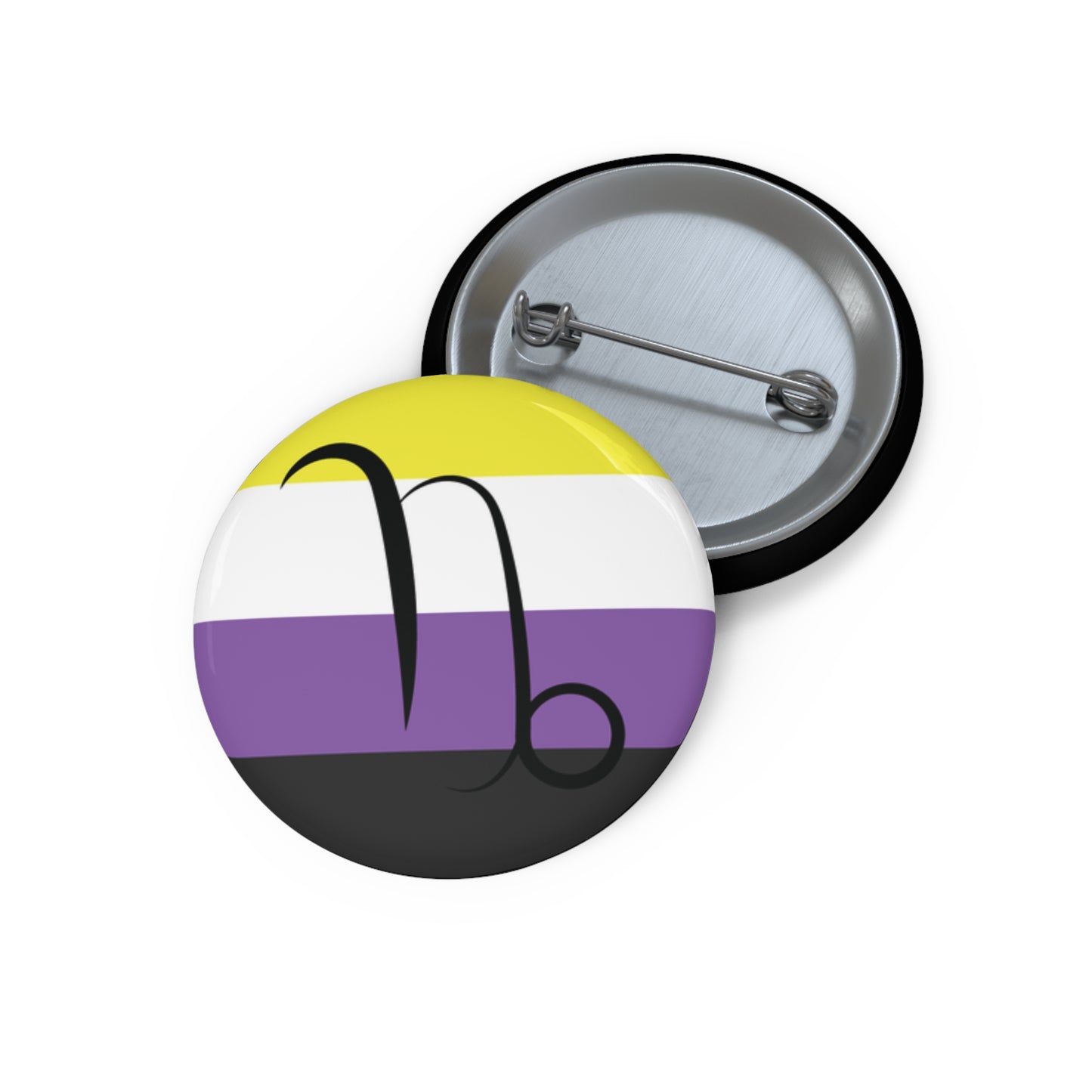 Front and back view of a circular nonbinary pride flag button featuring the Capricorn zodiac symbol in black centered on the front.
