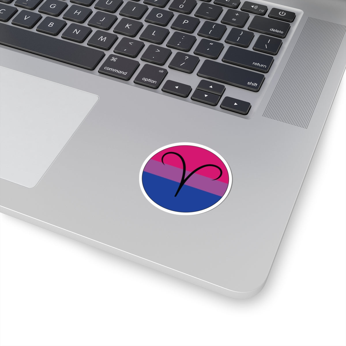 Close-up of the bottom right corner of a silver laptop featuring a 2 inch by 2 inch circular zodiac sticker with a centered Aires glyph on a Bisexual pride flag style background applied to the surface.