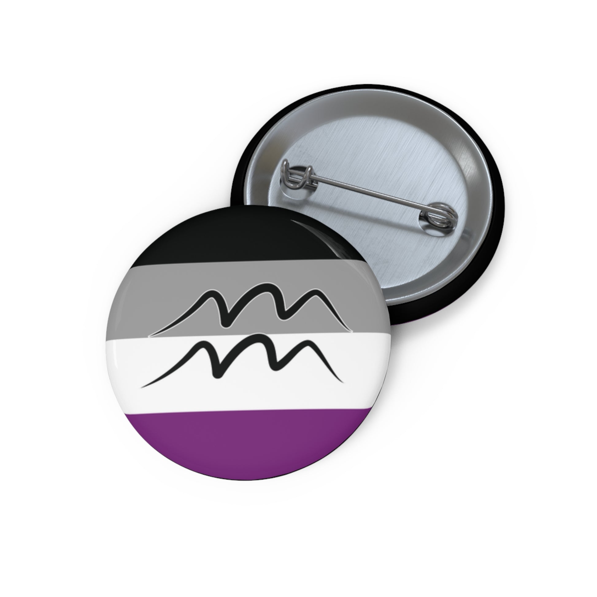 Front and back view of a circular asexual pride flag button featuring the Aquarius zodiac symbol in black centered on the front.