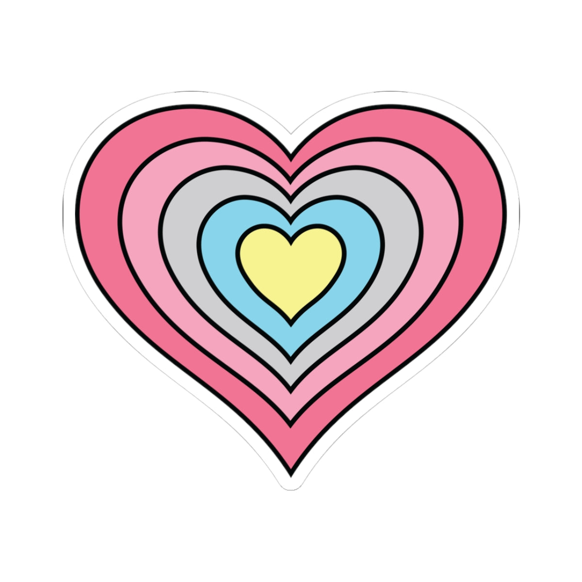 Heart-shaped genderflux pride flag sticker featuring nested heart stripes in dark pink, pink, light pink, gray, blue, and yellow, outlined with a thin black border and a white sticker border. The sticker is shown on a white background.