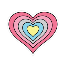 Heart-shaped genderflux pride flag sticker featuring nested heart stripes in dark pink, pink, light pink, gray, blue, and yellow, outlined with a thin black border and a white sticker border. The sticker is shown on a white background.