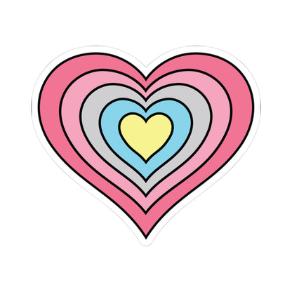 Heart-shaped genderflux pride flag sticker featuring nested heart stripes in dark pink, pink, light pink, gray, blue, and yellow, outlined with a thin black border and a white sticker border. The sticker is shown on a white background.