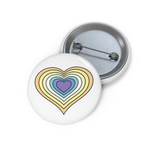 Front and back view of a white circular button with a heart-shaped genderfaun flag image. The button is shown on a white background.