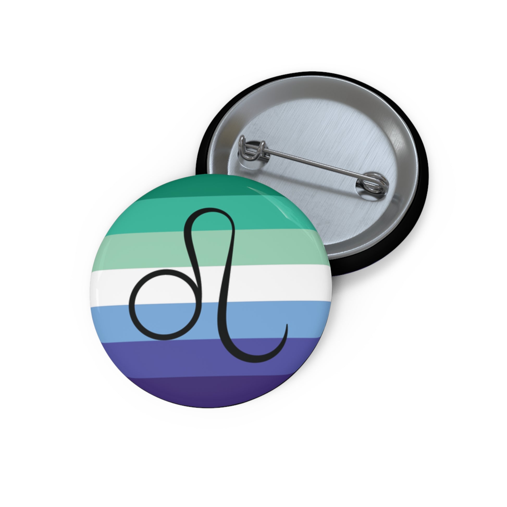 Front and back view of a circular gay men pride flag button featuring the Leo zodiac symbol in black centered on the front.