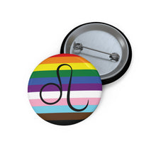 Front and back view of a circular progress pride flag button featuring the Leo zodiac symbol in black centered on the front.