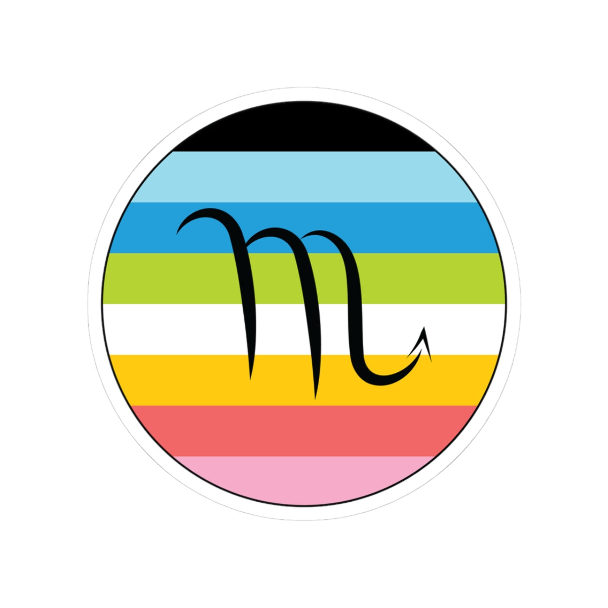 Circular queer pride flag zodiac sticker with a thin black outline and white sticker border, featuring a centered black Scorpio zodiac glyph. The sticker is shown on a white background.