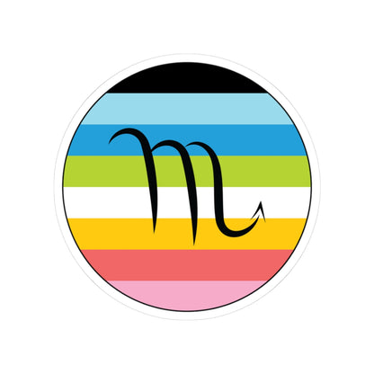 Circular queer pride flag zodiac sticker with a thin black outline and white sticker border, featuring a centered black Scorpio zodiac glyph. The sticker is shown on a white background.