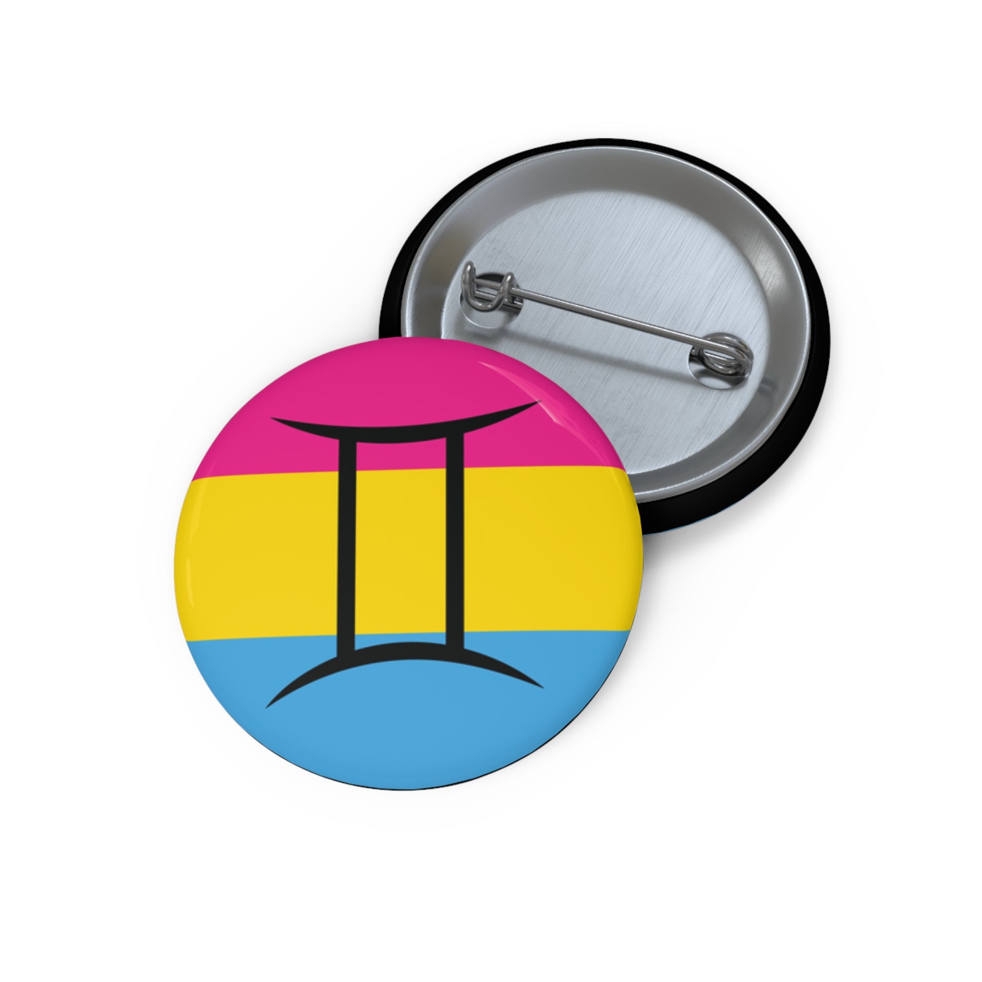 Front and back view of a circular pansexual pride flag button featuring the Gemini zodiac symbol in black centered on the front.