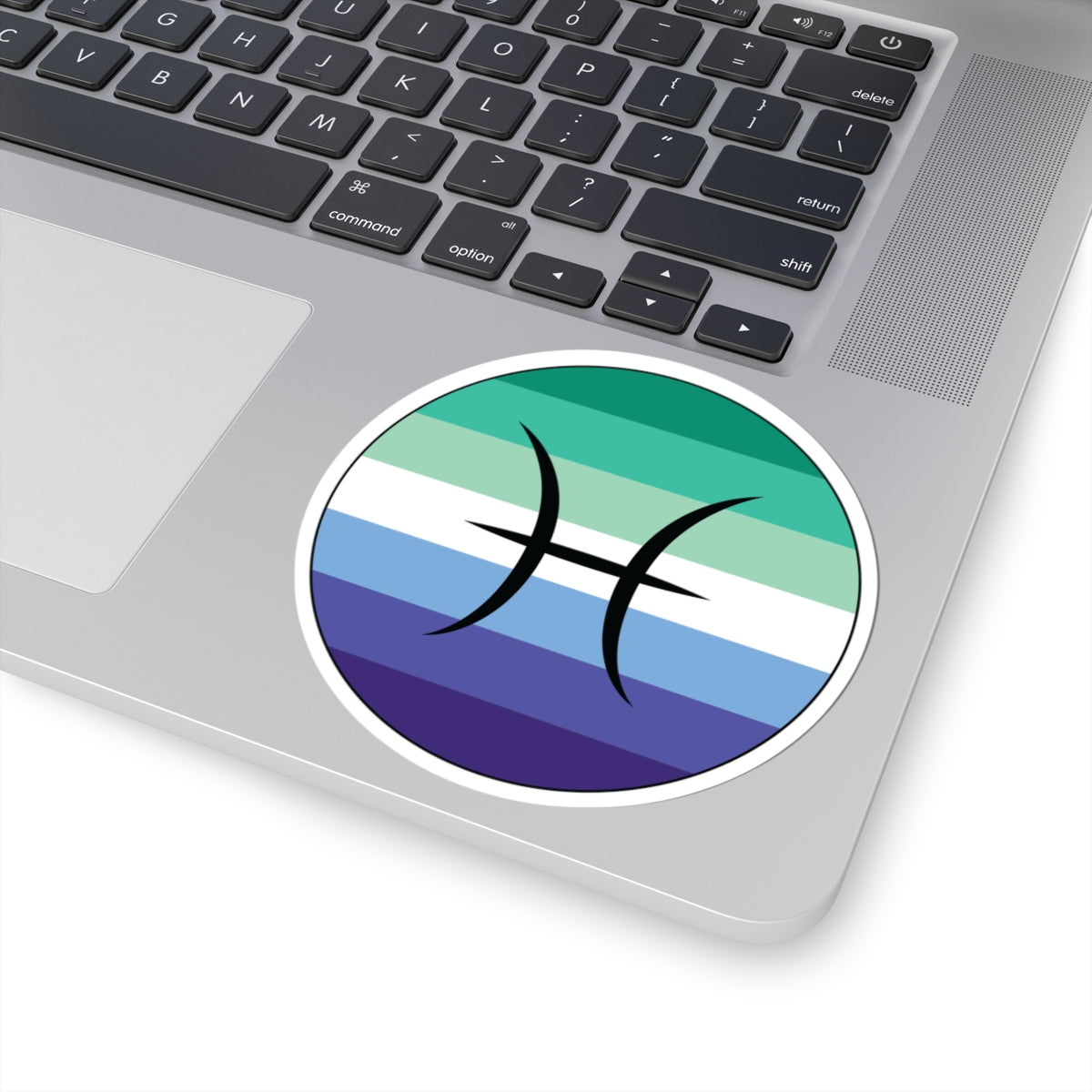 Close-up of the bottom right corner of a silver laptop featuring a 4 inch by 4 inch circular zodiac sticker with a centered Pisces glyph on a Gay Men pride flag style background applied to the surface.