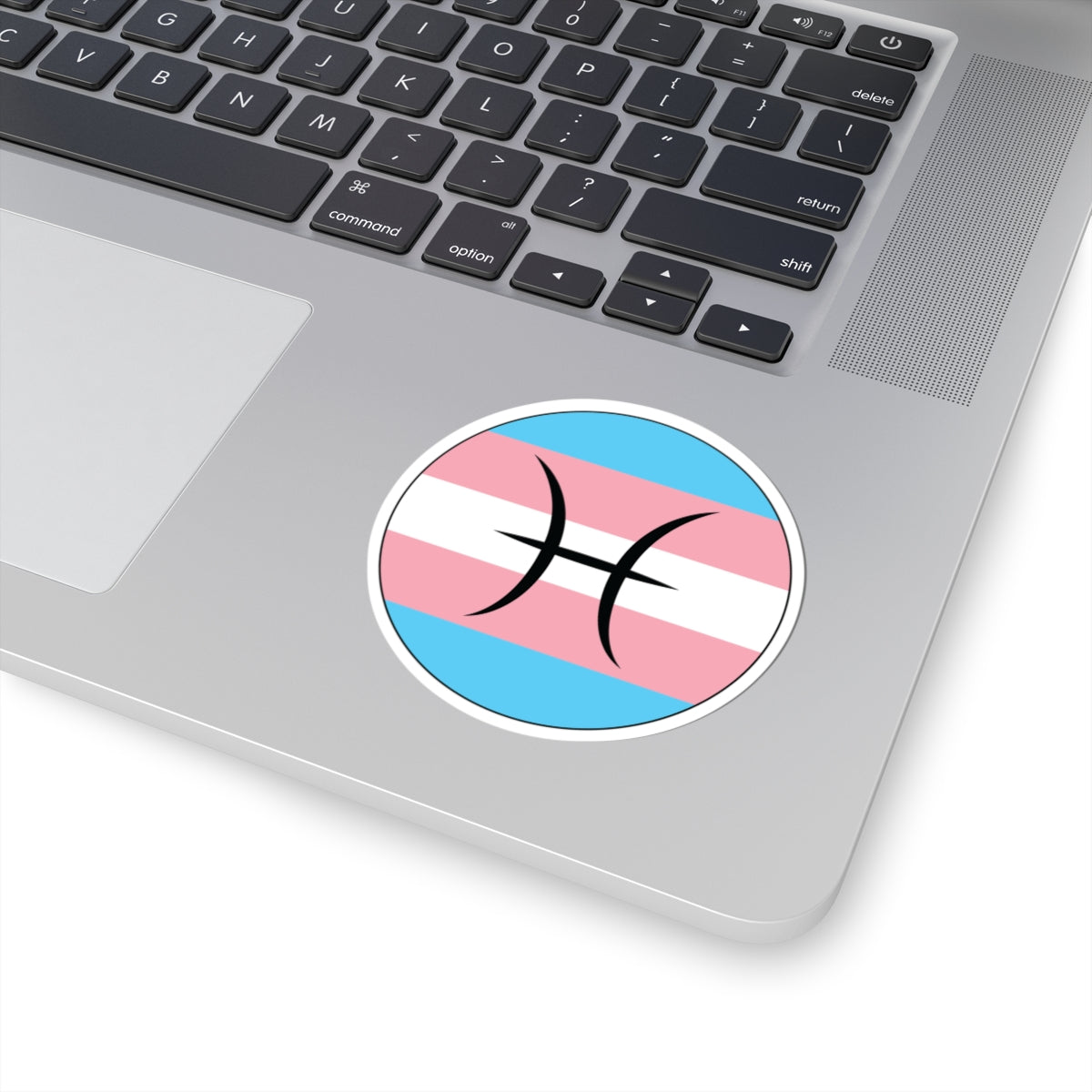 Close-up of the bottom right corner of a silver laptop featuring a 3 inch by 3 inch circular zodiac sticker with a centered Pisces glyph on a Transgender pride flag style background applied to the surface.