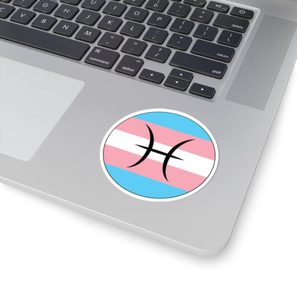 Close-up of the bottom right corner of a silver laptop featuring a 3 inch by 3 inch circular zodiac sticker with a centered Pisces glyph on a Transgender pride flag style background applied to the surface.