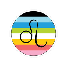 Circular queer pride flag zodiac sticker with a thin black outline and white sticker border, featuring a centered black Leo zodiac glyph. The sticker is shown on a white background.
