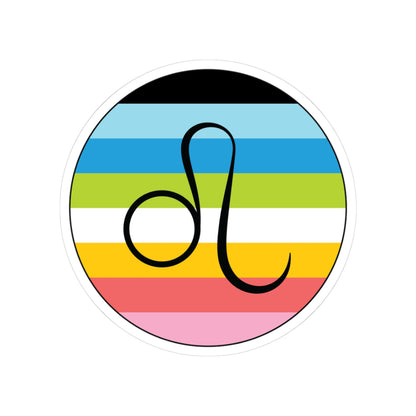 Circular queer pride flag zodiac sticker with a thin black outline and white sticker border, featuring a centered black Leo zodiac glyph. The sticker is shown on a white background.