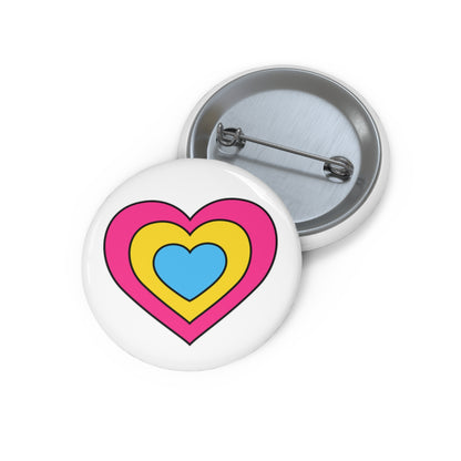Front and back view of a white circular button with a heart-shaped pansexual flag image. The button is shown on a white background.