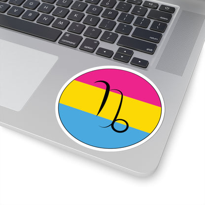 Close-up of the bottom right corner of a silver laptop featuring a 4 inch by 4 inch circular zodiac sticker with a centered Capricorn glyph on a Pansexual pride flag style background applied to the surface.
