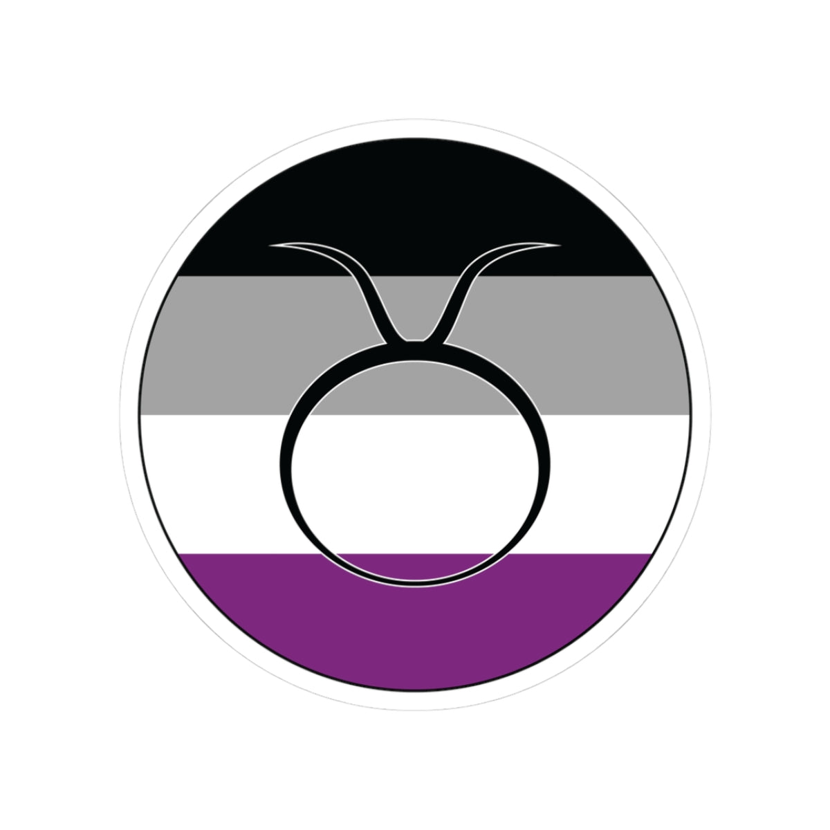 Circular asexual pride flag zodiac sticker with a thin black outline and white sticker border, featuring a centered black Taurus zodiac glyph. The sticker is shown on a white background.