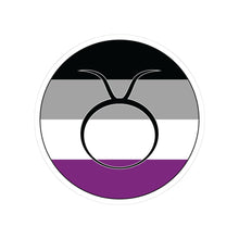 Circular asexual pride flag zodiac sticker with a thin black outline and white sticker border, featuring a centered black Taurus zodiac glyph. The sticker is shown on a white background.