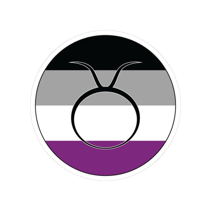 Circular asexual pride flag zodiac sticker with a thin black outline and white sticker border, featuring a centered black Taurus zodiac glyph. The sticker is shown on a white background.