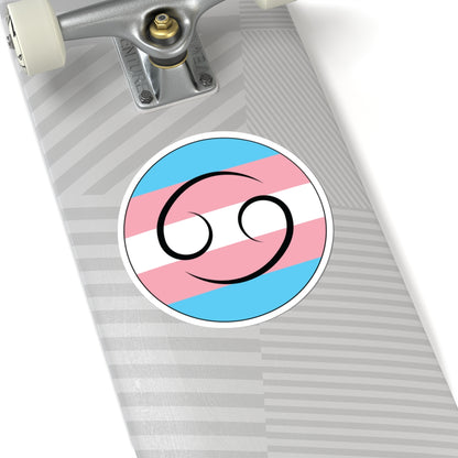 Close-up of the bottom of a silver skateboard featuring a 6 inch by 6 inch circular zodiac sticker with a centered Cancer glyph on a Transgender pride flag style background applied to the surface.