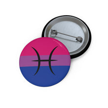 Front and back view of a circular bisexual pride flag button featuring the Pisces zodiac symbol in black centered on the front.