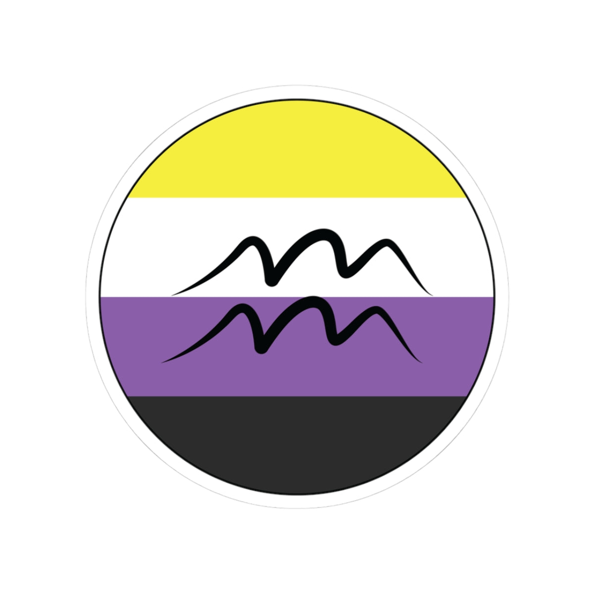 Circular nonbinary pride flag zodiac sticker with a thin black outline and white sticker border, featuring a centered black Aquarius zodiac glyph. The sticker is shown on a white background.