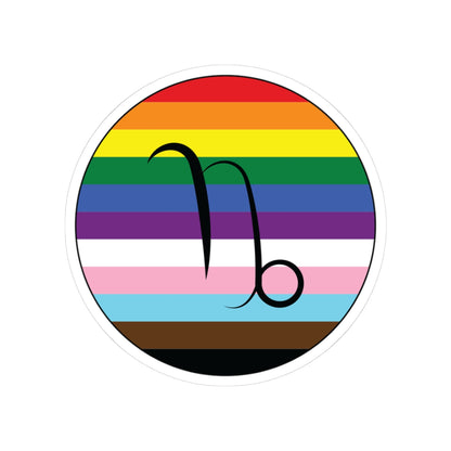 Circular progress pride flag zodiac sticker with a thin black outline and white sticker border, featuring a centered black Capricorn zodiac glyph. The sticker is shown on a white background.