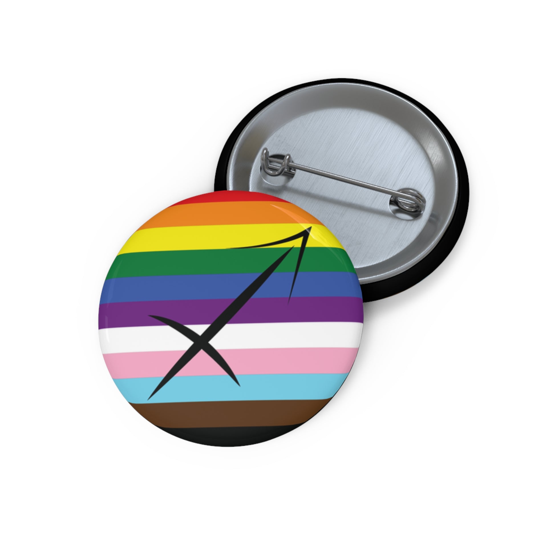 Front and back view of a circular progress pride flag button featuring the Sagittarius zodiac symbol in black centered on the front.