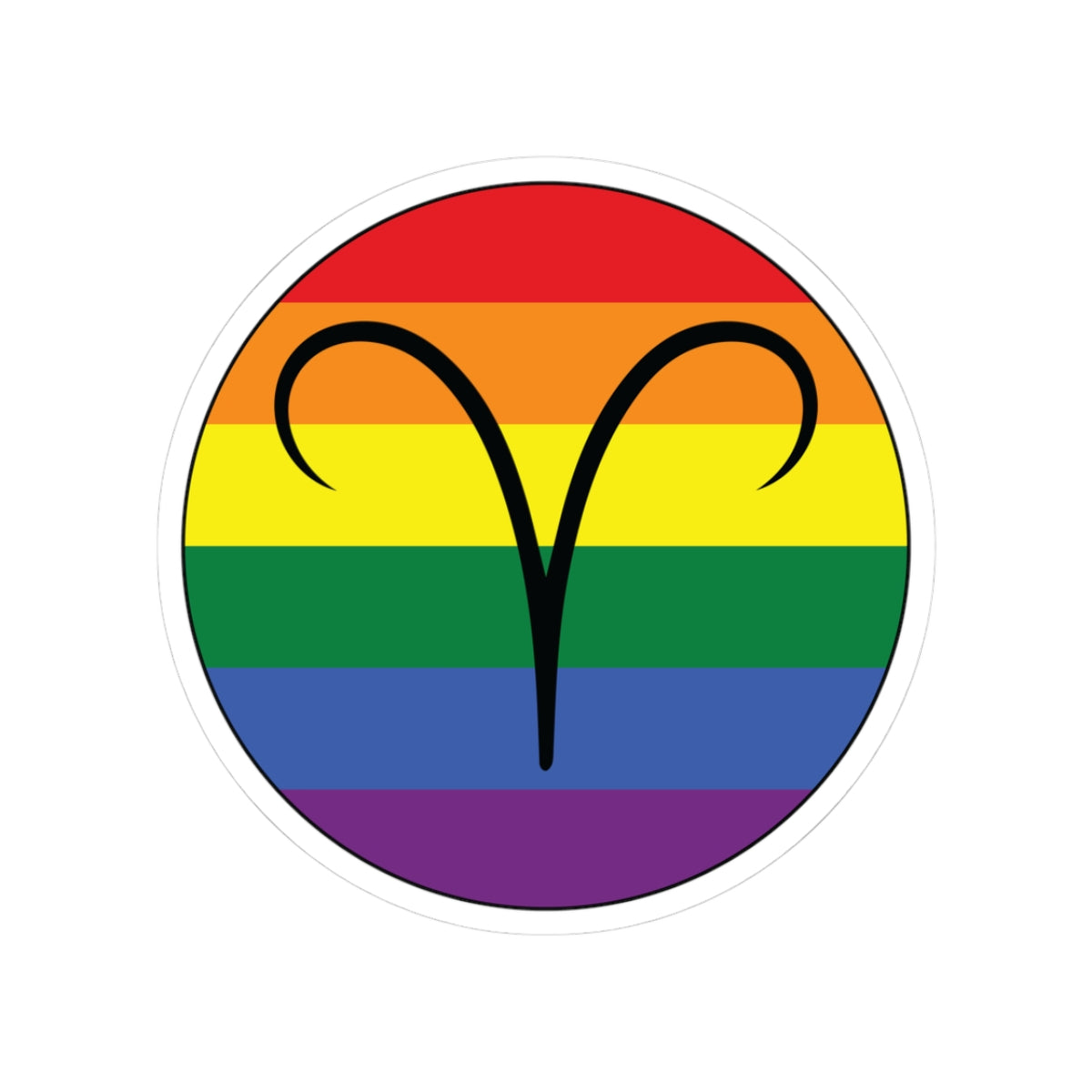 Circular rainbow pride flag zodiac sticker with a thin black outline and white sticker border, featuring a centered black Aries zodiac glyph. The sticker is shown on a white background.