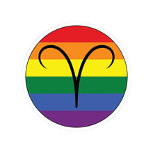 Circular rainbow pride flag zodiac sticker with a thin black outline and white sticker border, featuring a centered black Aries zodiac glyph. The sticker is shown on a white background.