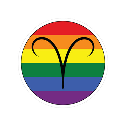 Circular rainbow pride flag zodiac sticker with a thin black outline and white sticker border, featuring a centered black Aries zodiac glyph. The sticker is shown on a white background.