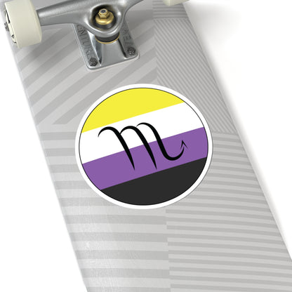 Close-up of the bottom of a silver skateboard featuring a 6 inch by 6 inch circular zodiac sticker with a centered Scorpio glyph on an Nonbinary pride flag style background applied to the surface.