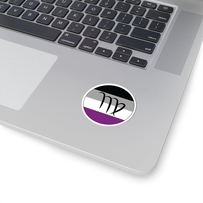 Close-up of the bottom right corner of a silver laptop featuring a 2 inch by 2 inch circular zodiac sticker with a centered Virgo glyph on an Asexual pride flag style background applied to the surface.