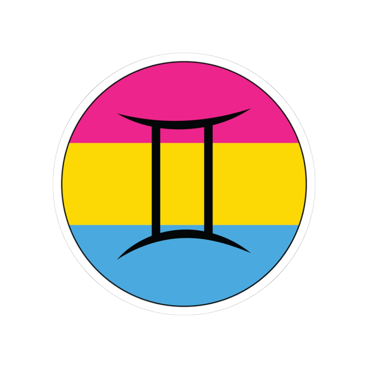 Circular pansexual pride flag zodiac sticker with a thin black outline and white sticker border, featuring a centered black Gemini zodiac glyph. The sticker is shown on a white background.