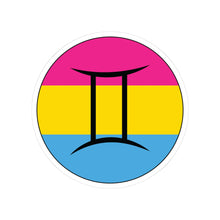 Circular pansexual pride flag zodiac sticker with a thin black outline and white sticker border, featuring a centered black Gemini zodiac glyph. The sticker is shown on a white background.