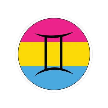 Circular pansexual pride flag zodiac sticker with a thin black outline and white sticker border, featuring a centered black Gemini zodiac glyph. The sticker is shown on a white background.