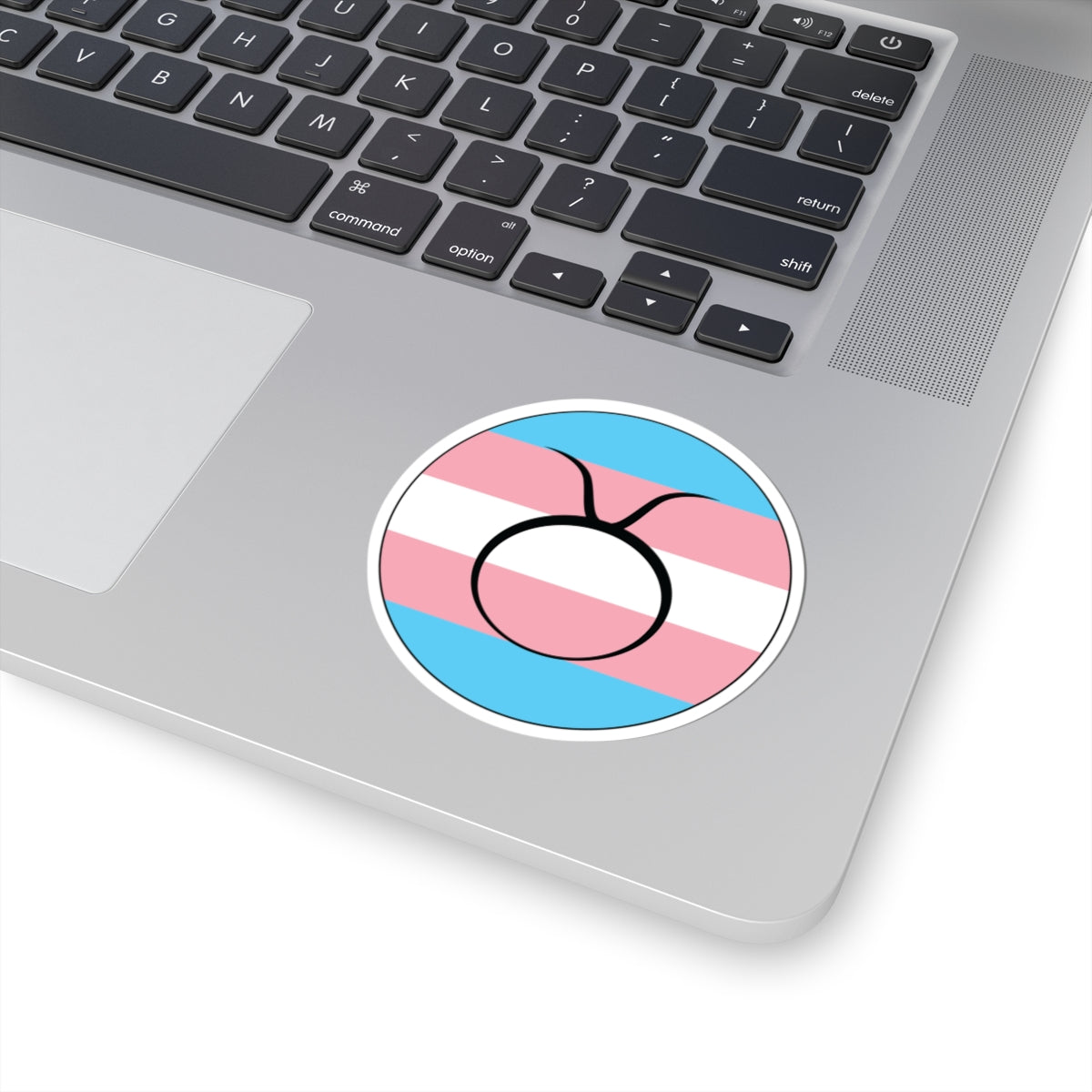 Close-up of the bottom right corner of a silver laptop featuring a 3 inch by 3 inch circular zodiac sticker with a centered Taurus glyph on a Transgender pride flag style background applied to the surface.