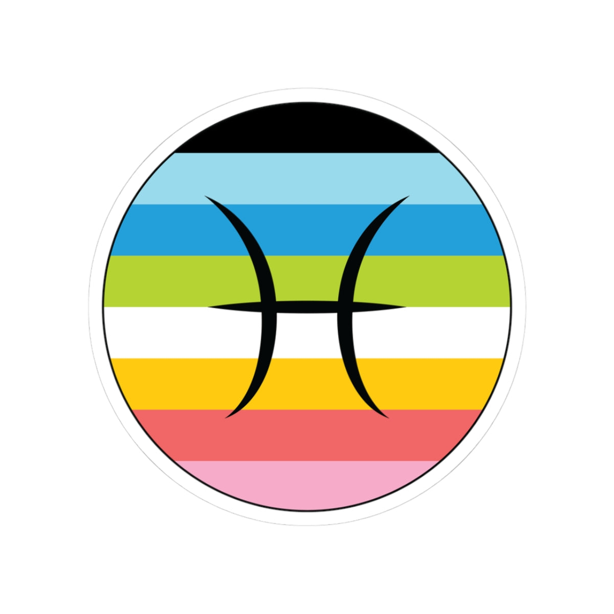 Circular queer pride flag zodiac sticker with a thin black outline and white sticker border, featuring a centered black Pisces zodiac glyph. The sticker is shown on a white background.
