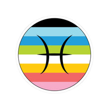 Circular queer pride flag zodiac sticker with a thin black outline and white sticker border, featuring a centered black Pisces zodiac glyph. The sticker is shown on a white background.