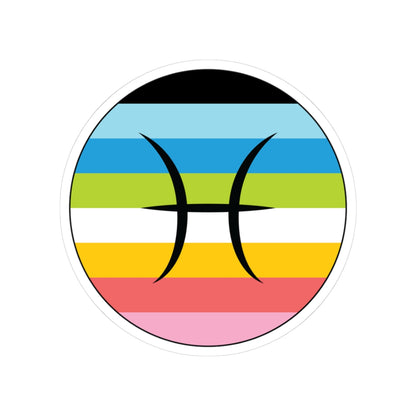 Circular queer pride flag zodiac sticker with a thin black outline and white sticker border, featuring a centered black Pisces zodiac glyph. The sticker is shown on a white background.