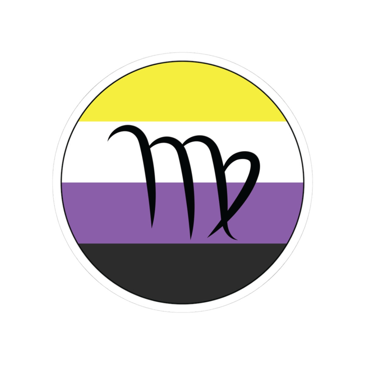 Circular nonbinary pride flag zodiac sticker with a thin black outline and white sticker border, featuring a centered black Virgo zodiac glyph. The sticker is shown on a white background.