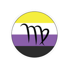 Circular nonbinary pride flag zodiac sticker with a thin black outline and white sticker border, featuring a centered black Virgo zodiac glyph. The sticker is shown on a white background.