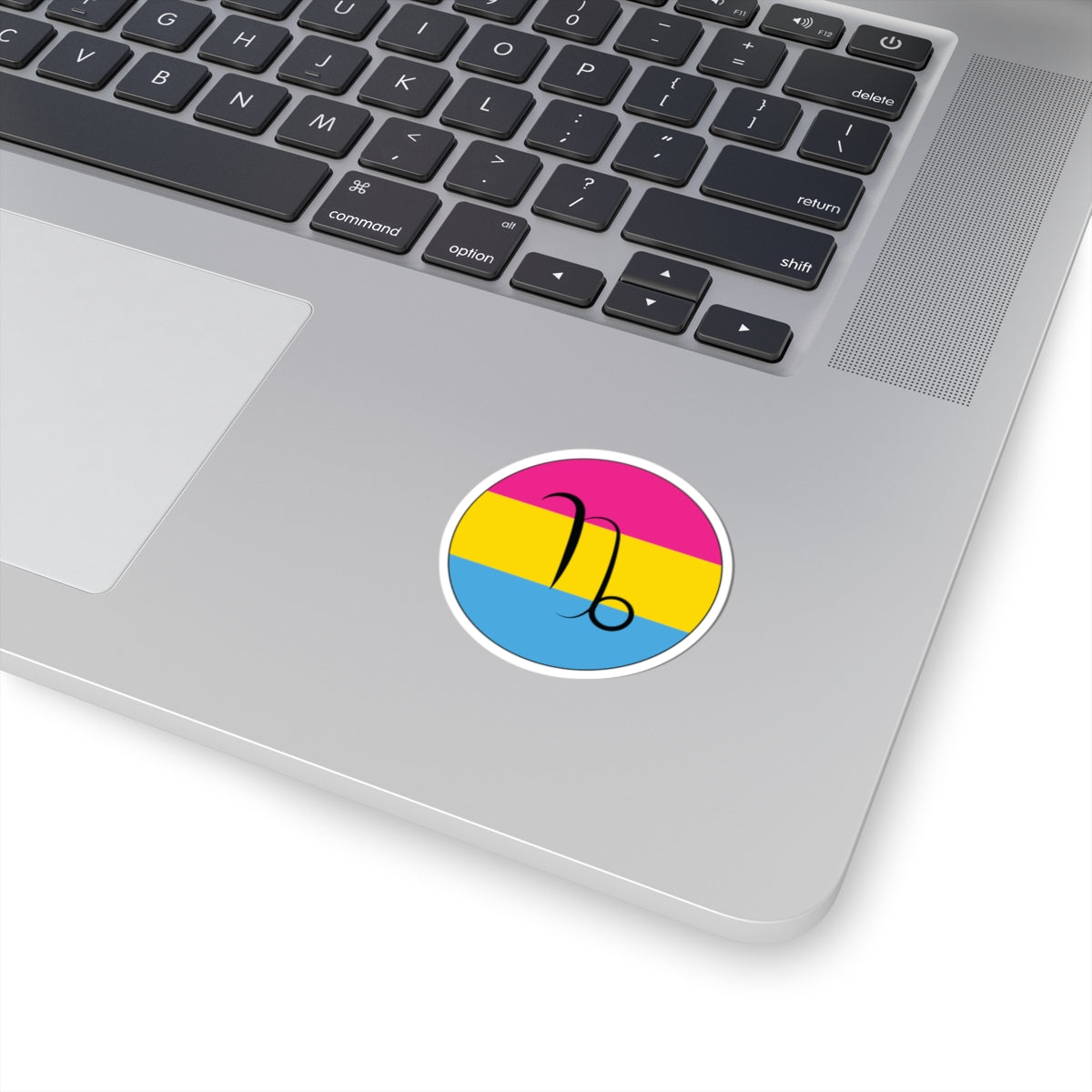 Close-up of the bottom right corner of a silver laptop featuring a 2 inch by 2 inch circular zodiac sticker with a centered Capricorn glyph on a Pansexual pride flag style background applied to the surface.