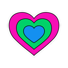 Heart-shaped polysexual pride flag sticker featuring nested heart stripes in pink, green, and blue, outlined with a thin black border and a white sticker border. The sticker is shown on a white background.
