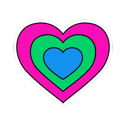 Heart-shaped polysexual pride flag sticker featuring nested heart stripes in pink, green, and blue, outlined with a thin black border and a white sticker border. The sticker is shown on a white background.